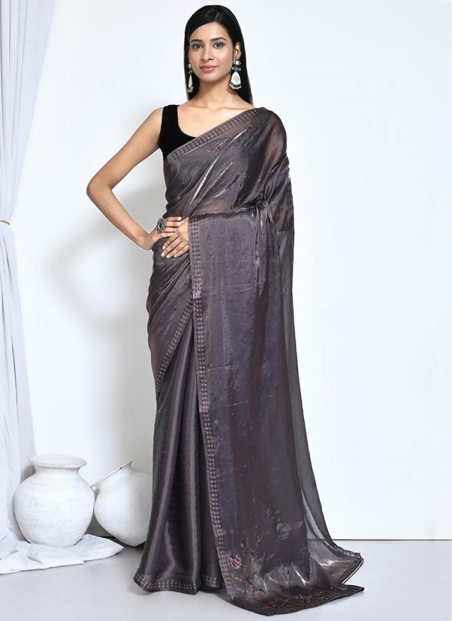 Satin Silk Grey Wedding Wear Embroidery Work Saree